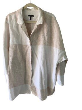 OSKA Womens Oversized Shirt Size US 10/12 White Tan Linen Minimalist Lagenlook